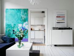 蓝白清新公寓 纯白地板的小清新风现代客厅装修图片