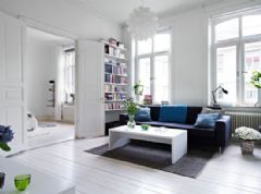 蓝白清新公寓 纯白地板的小清新风现代客厅装修图片