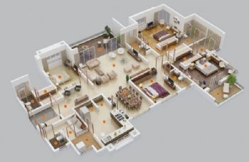 最新四居室户型3D布局设计方案现代客厅装修图片