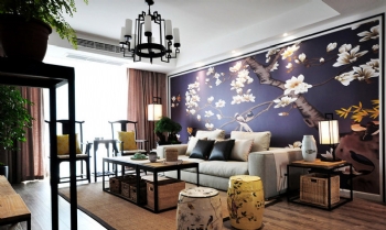 145平新中式超大手绘沙发背景墙设计