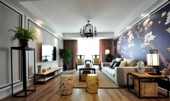 145平新中式超大手绘沙发背景墙设计中式客厅装修图片