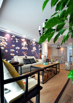 145平新中式超大手绘沙发背景墙设计中式客厅装修图片